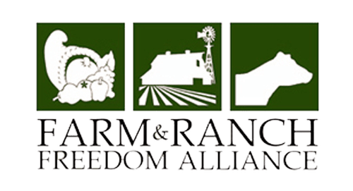Logo of the Farm and Ranch Freedom Alliance featuring three icons: a vegetable basket, a farm with a windmill, and a cow silhouette, emphasizing agricultural freedom and sustainability.