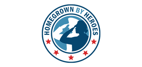 Logo of Homegrown by Heroes featuring a silhouette of a soldier saluting, surrounded by a circular design with stars, symbolizing support for veteran-owned businesses.