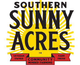 Logo of Southern Sunny Acres, a veteran-owned farm emphasizing community-minded farming and fresh produce, featuring a sunburst design and bold typography.